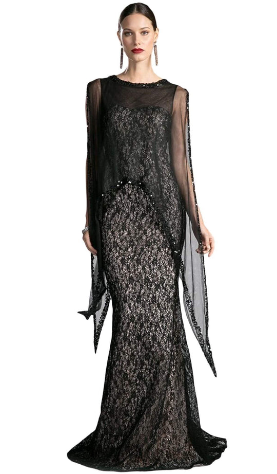 Illusion Cape Lace Sheath Evening Gown