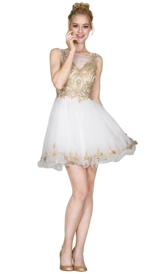 Cinderella Divine - Ruffled Illusion Gilt Applique A-Line Dress
