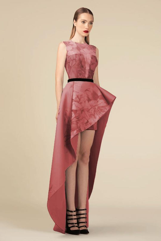 Saiid Kobeisy - 3566 Neoprene Printed Tulle High Low Dress In Red