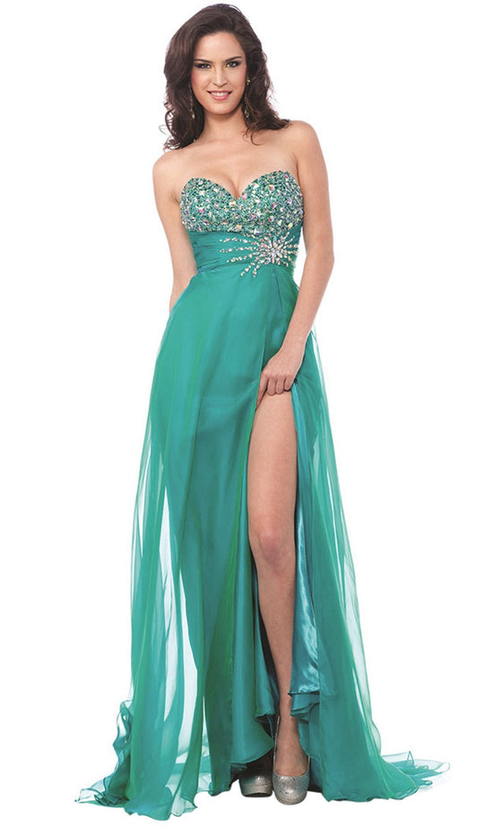 Jewel Ornate Strapless Sweetheart High Slit Gown