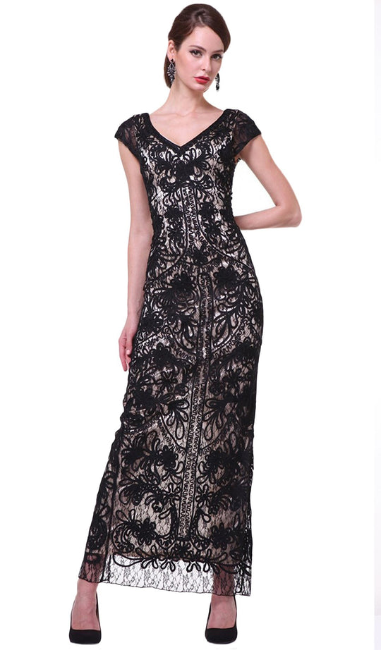 V-neck Lace Overlay Sheath Evening Gown