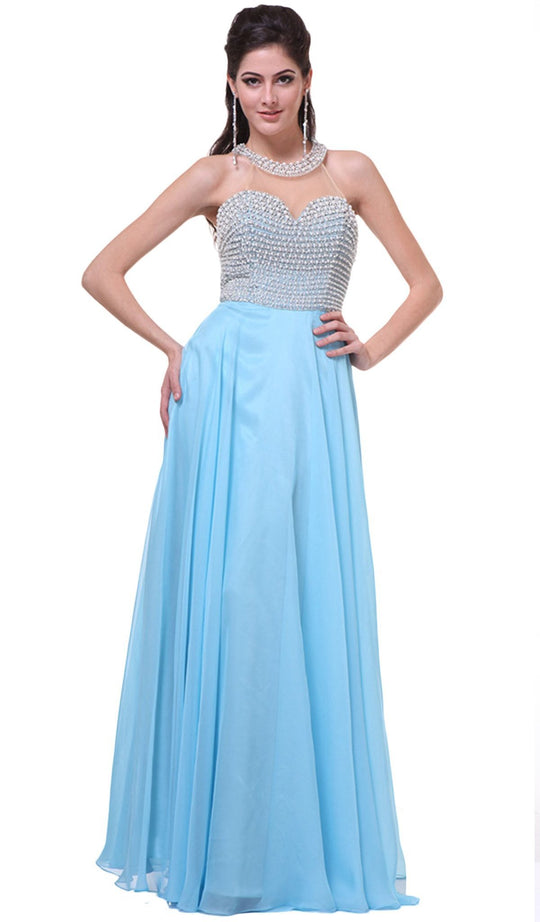 High Halter Pearl Adorned Bodice Chiffon Gown