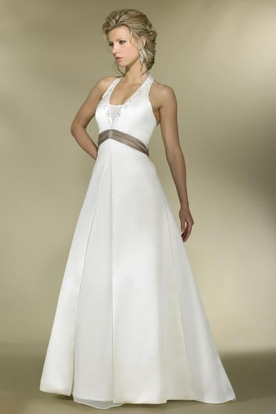 Alexia Designs - IB11 Plunging Halter Bead Embroidered A-Line Gown In White and Brown