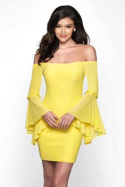 Intrigue - 483 Embellished Long Bell Sleeve Off-Shoulder Sheath Dress