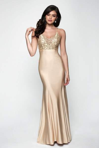 Blush - 11630 Embellished Lace V-neck Satin Trumpet Dress