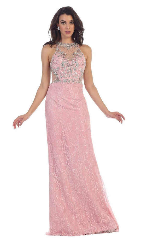 May Queen - Jeweled Sheer Halter Sheath Prom Dress