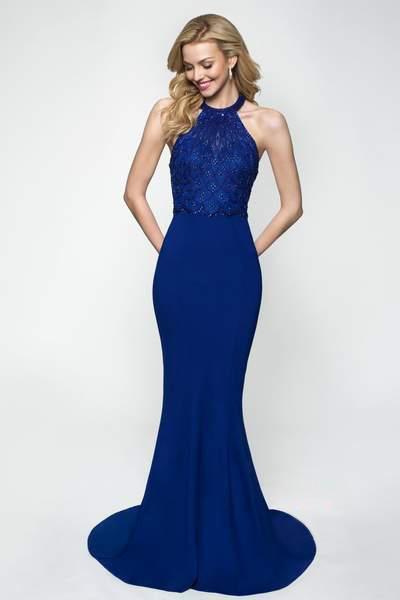 Blush - 11634 Scallop Detailed High Halter Mermaid Gown