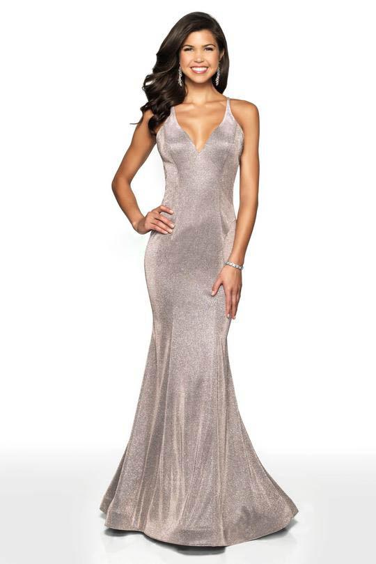 Blush by Alexia Designs - 11726 Plunging V Neck Shimmer Mermaid Gown In Neutral and Silver