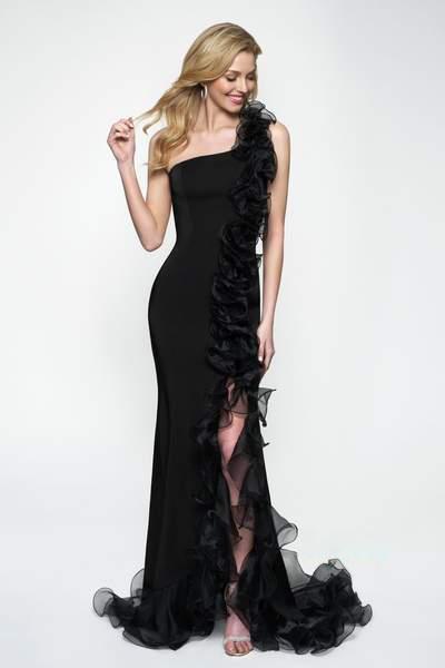 Blush - 11638 Embellished Asymmetric Trumpet Organza Dress