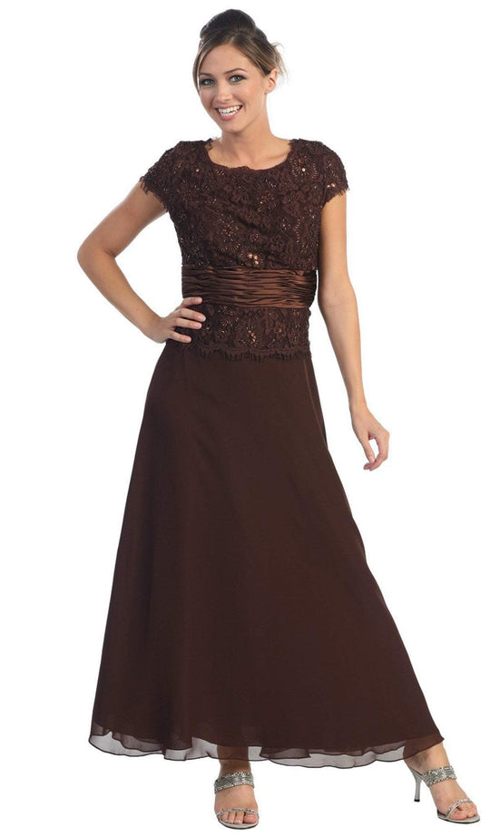 May Queen - Short Sleeve Chiffon Lace Long Formal Gown