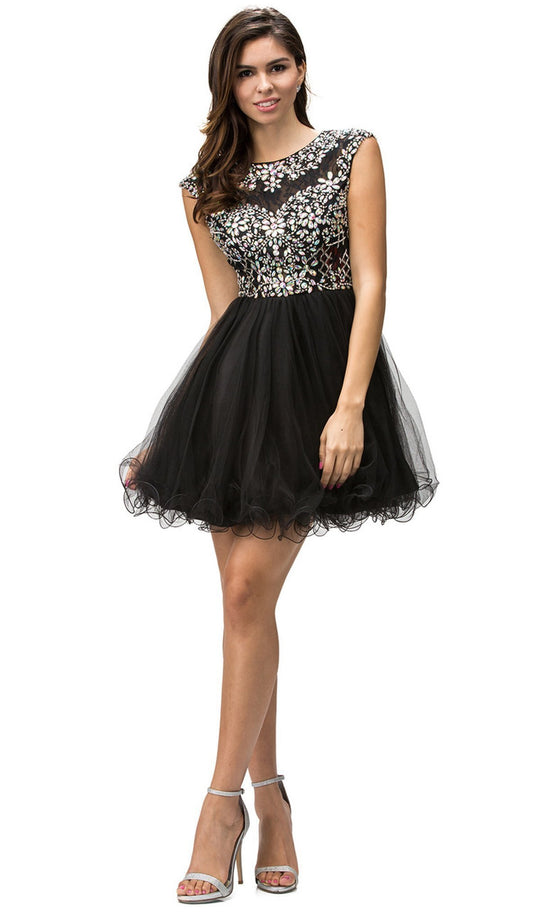 Dancing Queen - 9149 Cap Sleeve Crystal Beaded Cocktail Dress In Black
