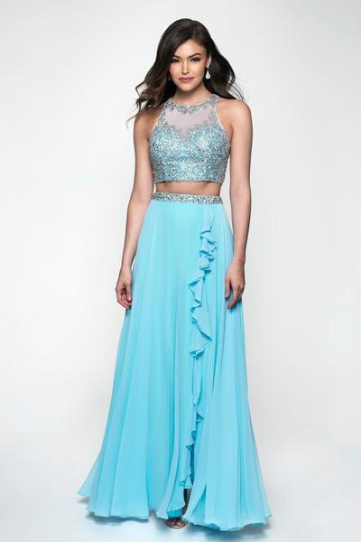 Blush - 11636 Ornate Illusion Ruffled High Slit Chiffon Gown