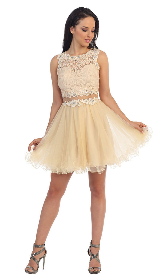 Bejeweled Lace Illusion Short Prom Dress - ADASA