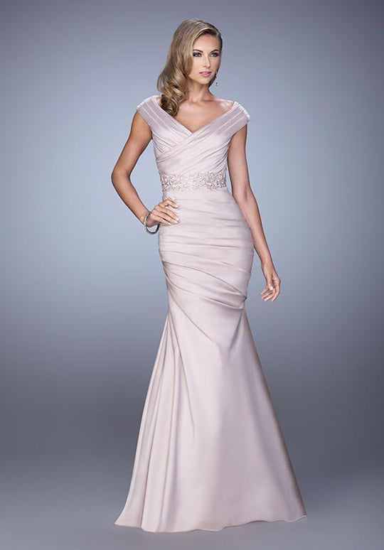 La Femme Ruched Off-Shoulder/V-neck Mermaid Evening Gown 21664 In Silver