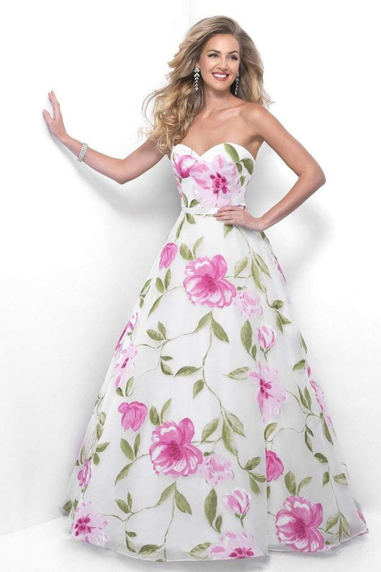 Blush - Dainty Sweetheart Floral Print A-Line Gown 5621 In White and Multi-Color