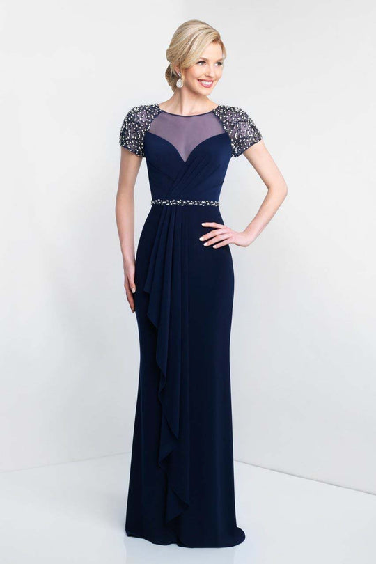 Blush - S2028 Beaded Cap Sleeves Jersey Sheath Gown In Blue