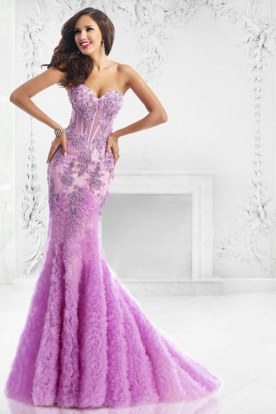 Janique 1515 - Corset Style Ruffle filled Mermaid Gown in Purple