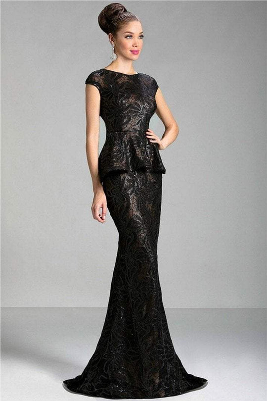 Janique - Cap Sleeves High Neck Long Sequined Gown With A Pelpum Waist JQ3418