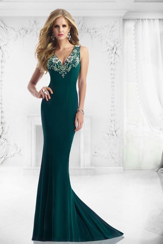 Janique 13921 - Crystal Beaded  V Neck Long Jersey Gown in Green