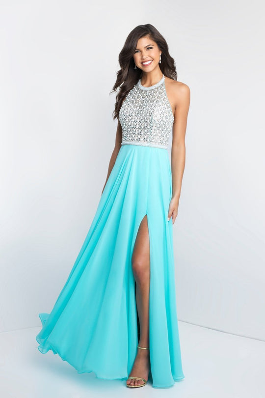Blush - C1033 Sleeveless Beaded Chiffon A-line Dress In Blue