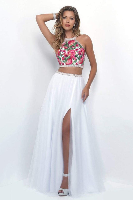 Blush - Two-Piece Embellished Halter Neck A-Line Gown 11209 In White and Multi-Color