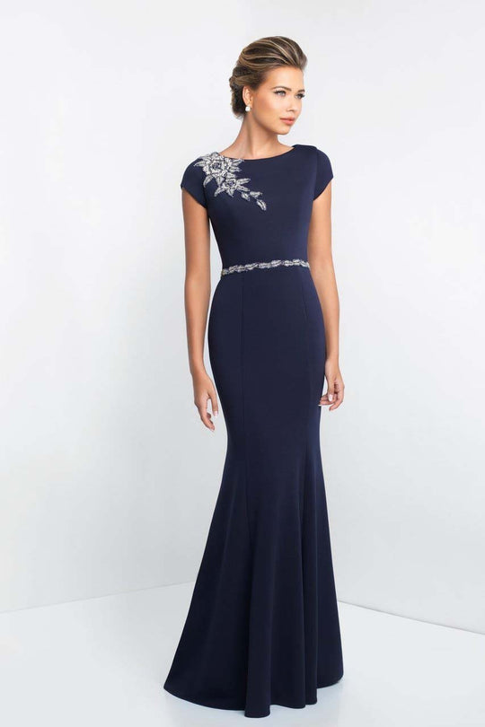 Blush - S2025 Bateau Neckline Beaded Sheath Gown In Blue