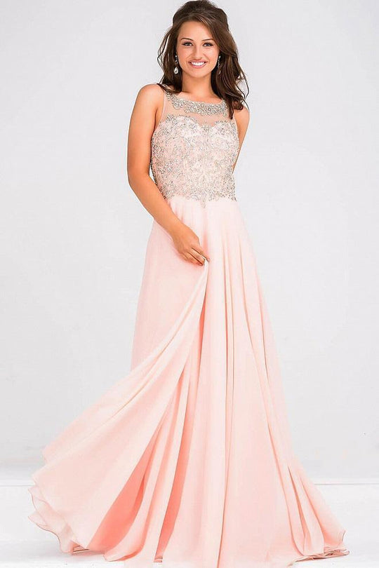 Crystal-Speckled Bateau Illusion A-Line Gown JVN27809