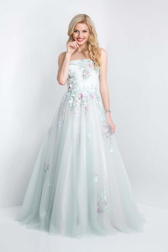 Blush - 5676 Folded Strapless Floral Applique Prom Gown In Green and Multi-Color