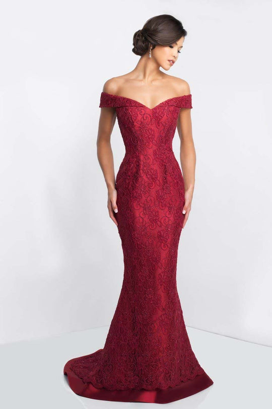 Blush - S2018 Shawl Lovely Off-Shoulder Lace Fitted Gown In Red