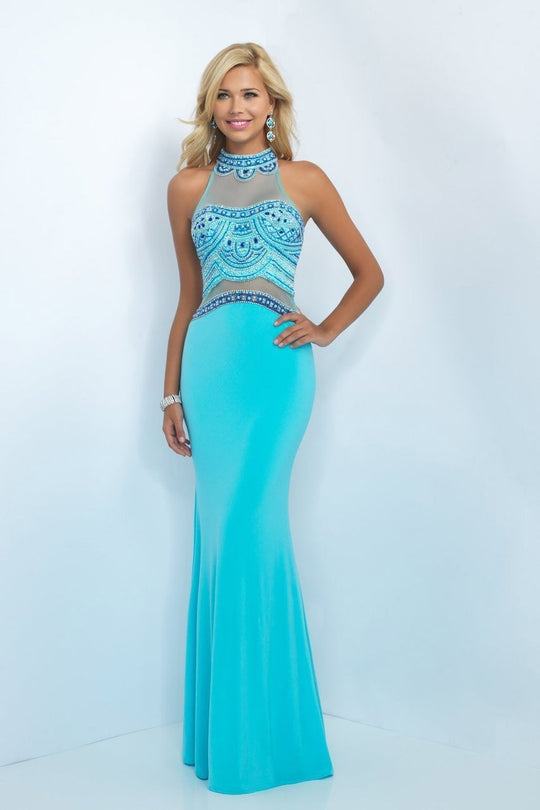 Blush - Embellished High Neck Jersey Sheath Gown 11079 In Blue