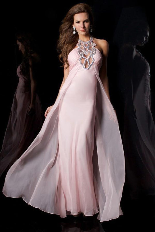 Janique K6045 - Long Empire Gown With Bejeweled Haltered Neckline And Ruched Bodice in Pink