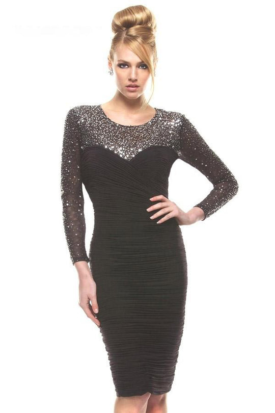 Janique 1341 - Ruched Jersey Dress With Beaded Mesh Long Sleeves in Black