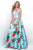 Blush - Seamed Scoop Floral Print A-Line Gown  5627 in Blue and Multi-Color