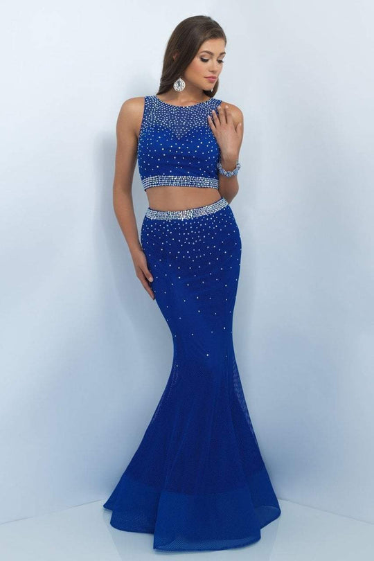 Blush - 11033 Two-Piece Sparkling Bare Midriff Trumpet Gown In Blue