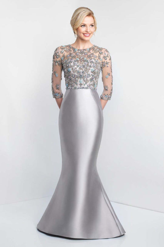 Blush - S2004 Quarter-Length Sleeves Beaded Mermaid Gown In Silver