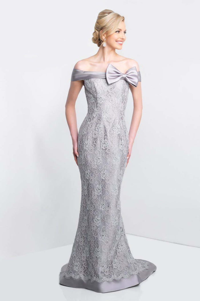 Blush - S2019 Shawl Off-Shoulder Beaded Lace Sheath Gown In Silver