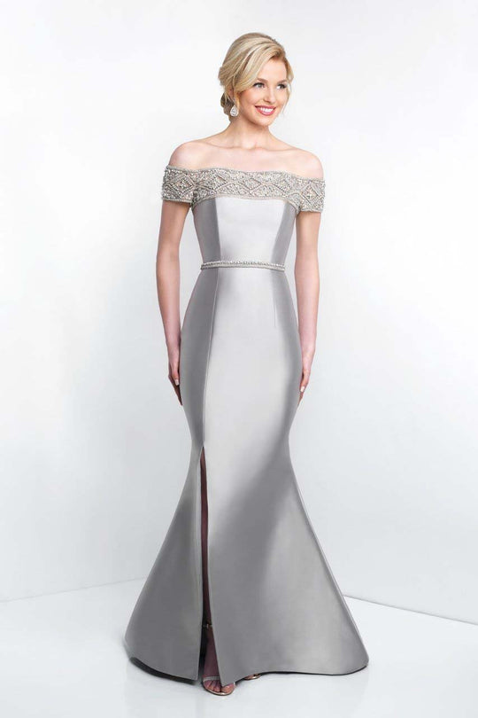 Blush - S2009 Shawl Beaded Off-Shoulder Mikado Mermaid Gown In Silver