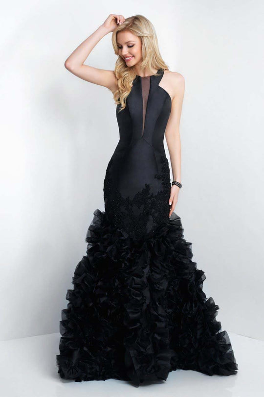 Blush - 11568 Halter Beaded Lace Organza Ruffled Mermaid Gown In Black