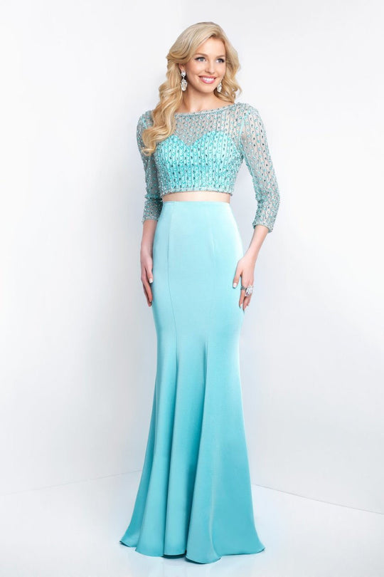 Intrigue - 438 Beaded Illusion Bateau Sheath Dress In Blue