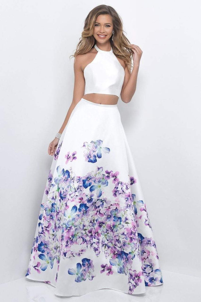 Blush - Two-Piece Floral Halter Neck Mikado A-Line Gown 11218 In White and Multi-Color