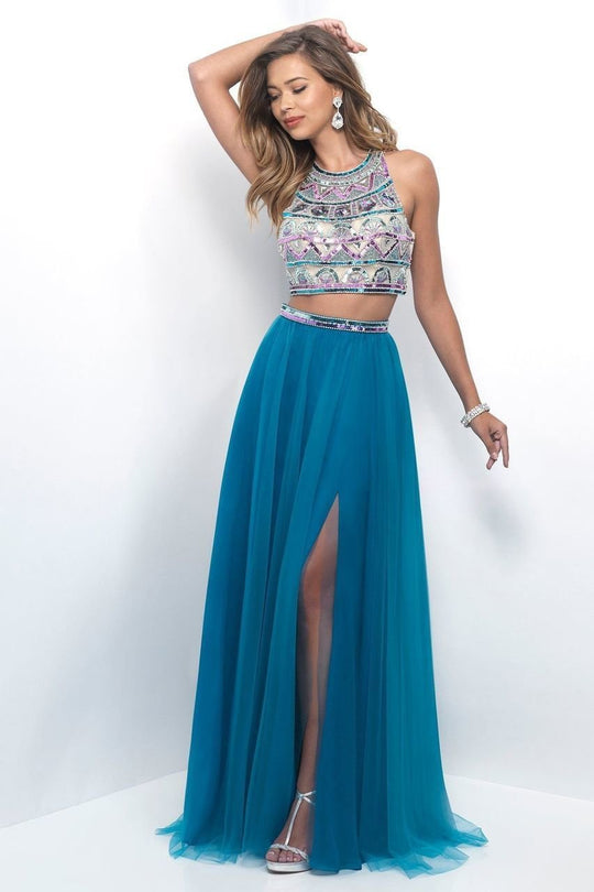 Blush - Two-Piece Sequined Halter Neck A-Line Dress 11270 In Blue and Multi-Color