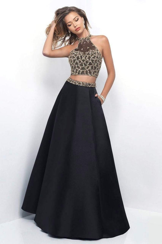 Blush - Halter Satin A-Line Dress 11352 in Black and Gold