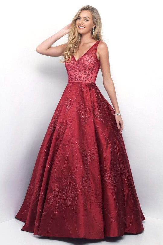 Blush - Impressive V-Neck Illusion Mikado A-Line Gown 7112 in Red