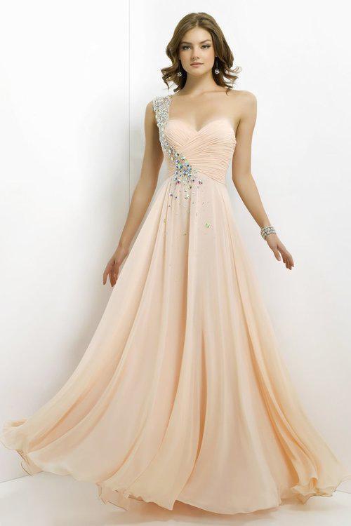 Blush - One Shoulder Pleated Long Dress 9760 in Neutral