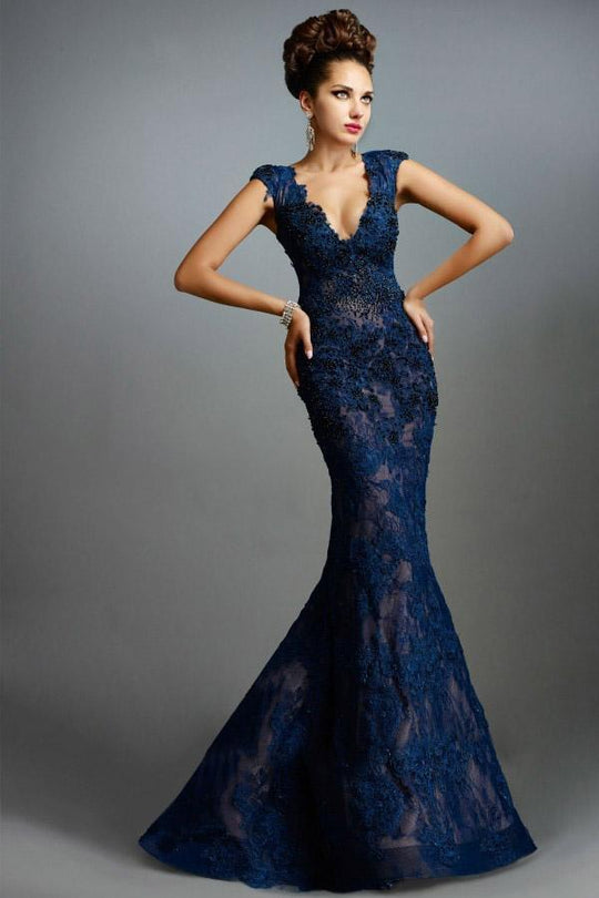 Janique - Cap Sleeves Deep V-Neckline Lace Gown W977 In Blue