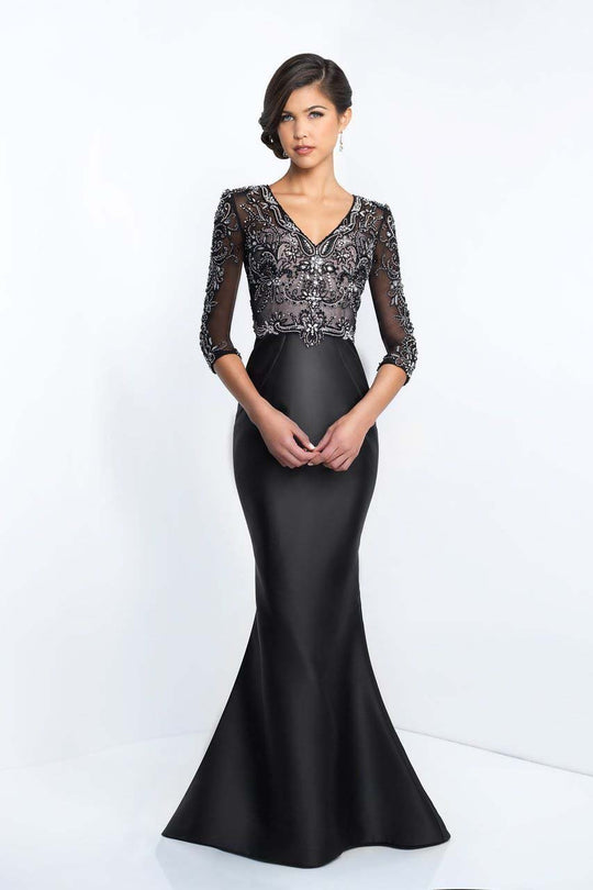 Blush - S2005 Beaded Sheer V-neck Mikado Mermaid Gown In Black and Neutral