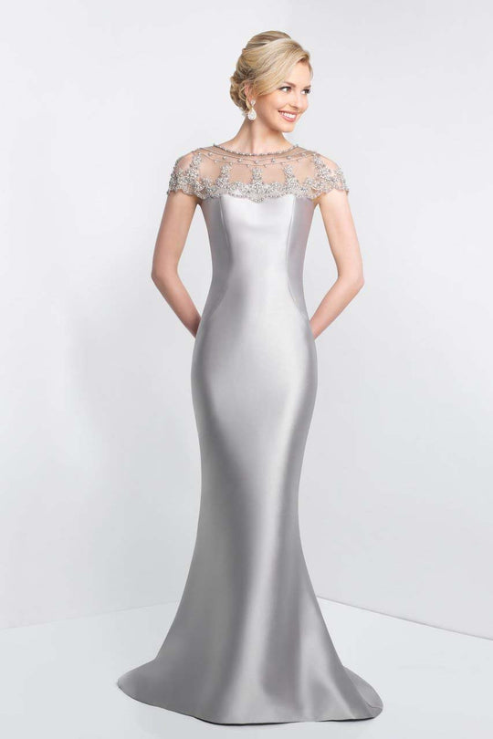 Blush - S2008 Short Sleeve Beaded Mikado Sheath Gown In Silver