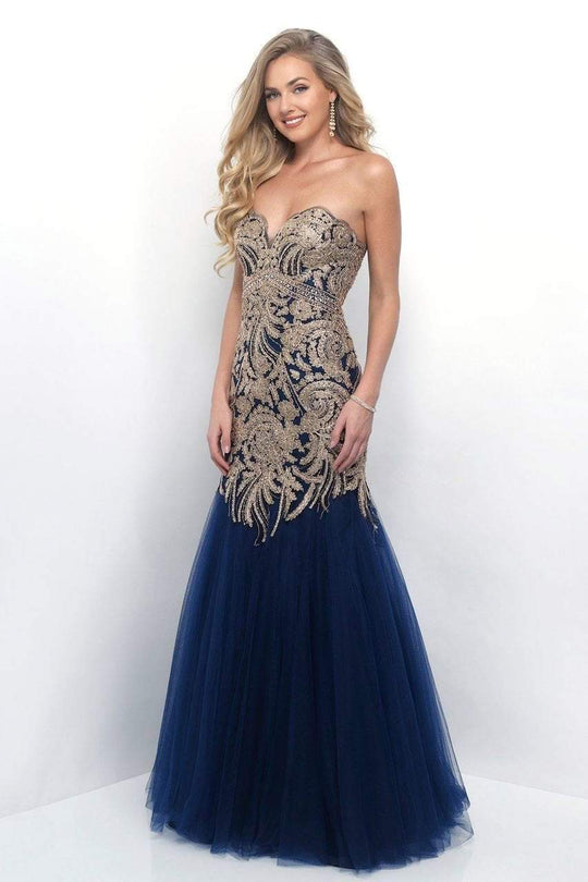 Blush - Gilded Scalloped Sweetheart Trumpet Gown 7107 in Blue and Gold