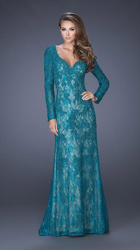 La Femme - Gorgeous Lace V-Neck A-Line Gown with Long Sleeves 19893 In Green