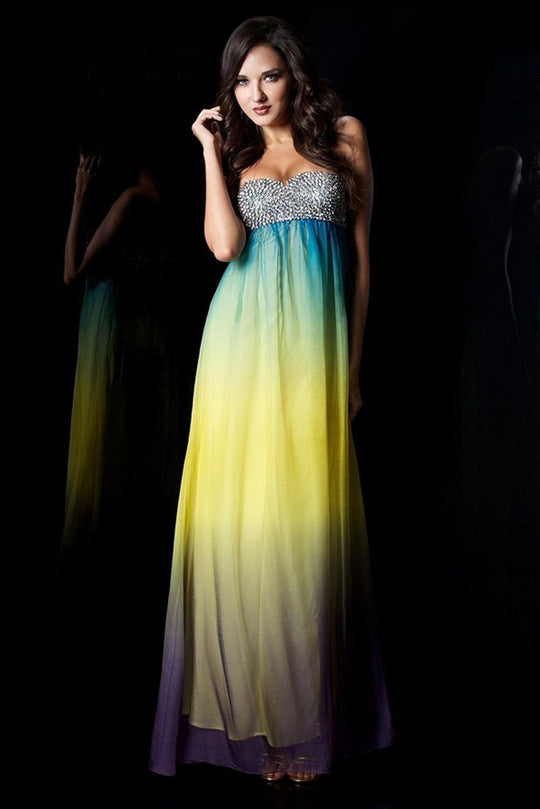 Janique K6033 Strapless Sweetheart Ombre Chiffon Empire Waist Maxi Dress With Studded Bust in Multi-Color